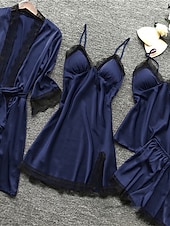 billiga Sovkläder till damer-pyjamasset för kvinnor 4 stycken ren färg enkel avslappnad mjuk hem daglig säng polyester andas v wire långärmad dräkt topp shorts resår midja sommar vår hem outfits