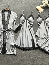 billiga Sovkläder till damer-pyjamasset för kvinnor 4 stycken ren färg enkel avslappnad mjuk hem daglig säng polyester andas v wire långärmad dräkt topp shorts resår midja sommar vår hem outfits