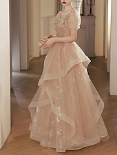 cheap Party Dresses-A-Line Party Dresses Elegant Dress Wedding Guest Prom Floor Length Short Sleeve Square Neck Tulle with Bow(s) Sequin  Masquerade Dress to impress