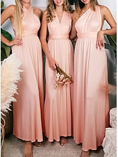 baratos Vestidos para Madrinhas-Tubinho Vestido de Madrinha Halter pescoço Sem Manga Elegante Até o Tornozelo Elastano com Pregas / Cor Única 2022
