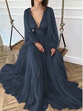 billige appelsin-A-Linje Kveldsdrakt Elegant Kjole Formell Bryllup Gjest Gulvlengde Lang Erme V Hals Chiffon med Rynker 2025