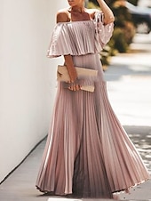 voordelige Oudjaarsjurken-A-Lijn Zomer Maxi Jurken voor Vrouwen Elegante Jurk Strand Bruiloft Feestkleding Bruiloft Feest Vloerlengte Halve Mouw Off Shoulder Chiffon met Plooien Ruffles jurk om indruk te maken