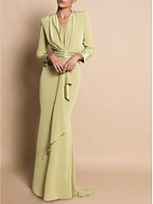 abordables Longueur du plancher-Robe mère de la mariée fourreau pour mariage invité formelle élégante fête encolure en V traîne traînant chiffon extensible manches longues avec drapé fronces taille personnalisée gratuite
