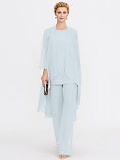 billiga Mammas byxdräkter-Strand Bröllop Jumpsuit/Byxdräkt 3 Delar Mor Till Brud Bröllops Gäst Elegant Plus Size Inkluderat Bateau Hals Golvlängd Chiffon Ärmlös Jacka es med Enfärgade Färger