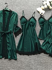 billiga Sovkläder till damer-pyjamasset för kvinnor 4 stycken ren färg enkel avslappnad mjuk hem daglig säng polyester andas v wire långärmad dräkt topp shorts resår midja sommar vår hem outfits