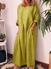 preiswerte Kleider aus Baumwolle und Leinen entwerfen-Damen Casual kleid Sommerkleid aus Baumwolle Maxidress Leinen Tasche Täglich Urlaub Rundhalsausschnitt Langarm Sommer Frühling Herbst Schwarz Gelb Glatt