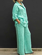 cheap Sets-Women&#039;s Loungewear Linen-Inspired Sets Two Piece Sets Casual Comfort Pure Color Pocket Elastic Waist Shirt  Vacation Street Daily Long Sleeve Lapel Pink Blue Green Light Grey Summer Spring Fall