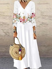 billige Blomstrete kjoler-Dame Maxi Kjole Casual Kjole Blomstrete Trykk V Hals Casual Daglig Ferie 3/4 Lengde Erme Sommer Vår
