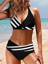 halpa Bikinisetit-Naisten Normaali Uima-asut Bikinit Uimapuku 2-osainen Raita Tulostus Ranta-asut Punnerrus Raidoitettu Hihaton Uimapuvut