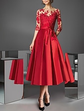 preiswerte Cocktailkleider-A-Linien Cocktailkleider Elegantes Kleid Kentucky Tee-Länge 3/4 Ärmel Off-Shoulder Herbst Hochzeitsgast Satin mit Falten Applikationen Kleidern