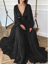 billige appelsin-A-Linje Kveldsdrakt Elegant Kjole Formell Bryllup Gjest Gulvlengde Lang Erme V Hals Chiffon med Rynker 2025