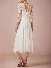 billige Små Hvite Kjoler-Strandbryllup Bryllupsdusj Liten Hvit Kjole Bryllupsdusj Kjoler Bryllupskjoler A-Linje V Utringning 3/4 Lengde Erme Te Lengde Chiffon Bryllupskjoler Med Applikasjoner Ensfarget 2025