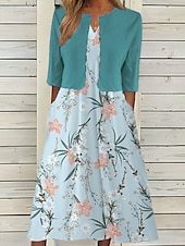 ieftine Rochii set-Pentru femei Set de rochii din doua piese Rochie casual Rochie imprimata Zilnic Vacanță Modă Elegant Buzunar Imprimeu Rochii Midi Stil Nautic Manșon Jumate Floral Fit regulat Albastru piscină Var