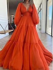 billige appelsin-A-Linje Kveldsdrakt Elegant Kjole Formell Bryllup Gjest Gulvlengde Lang Erme V Hals Chiffon med Rynker 2025