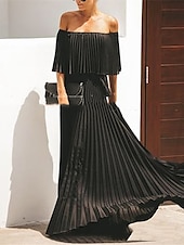 voordelige Oudjaarsjurken-A-Lijn Zomer Maxi Jurken voor Vrouwen Elegante Jurk Strand Bruiloft Feestkleding Bruiloft Feest Vloerlengte Halve Mouw Off Shoulder Chiffon met Plooien Ruffles jurk om indruk te maken