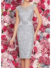 economico Con giacca-Abito Due Pezzi Sheath per la Madre della Sposa Ospite di Matrimonio Formale Elegante Scollo a Barca Lunghezza Ginocchio Chiffon Pizzo Senza Maniche Giacca Abiti con Perline Applicazioni 2025 misura
