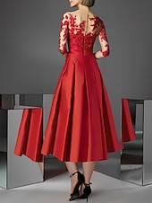 preiswerte Cocktailkleider-A-Linien Cocktailkleider Elegantes Kleid Kentucky Tee-Länge 3/4 Ärmel Off-Shoulder Herbst Hochzeitsgast Satin mit Falten Applikationen Kleidern