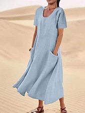 levne Šaty-Dámské Světlá růžová Nebeská modř Khaki Léto Maxi dlouhé šaty Maxi šaty Bavlněné lněné šaty Volnočasové šaty Jednobarevné Denní Volný Tričkový