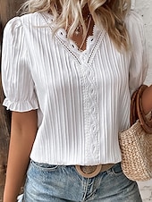 cheap Lace Tops-Women&#039;s White Elegant Lace Tops Eyelet Blouse Dressy Tops Solid Color Plain Regular Tops Short Sleeve Puff Sleeve V Neck  Regular Fit Casual Romantic Petite Tops Summer Holiday Wear White Sky Blue