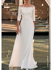 levne neformální svatební šaty-Zásnubní formální svatební šaty A-line s off shoulder trojdílnými rukávy a vlečkou s krajkovými svatebními šaty s aplikacemi v jednotné barvě 2025