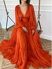 billige appelsin-A-Linje Kveldsdrakt Elegant Kjole Formell Bryllup Gjest Gulvlengde Lang Erme V Hals Chiffon med Rynker 2025