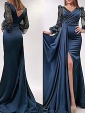 abordables Rose-Robe de soirée Sirène Robe Sequins Formelle Traîne cour Manches longues Col en V Invitée de mariage d&#039;automne Charmeuse avec fente Robe de masque 2025