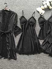 billiga Sovkläder till damer-pyjamasset för kvinnor 4 stycken ren färg enkel avslappnad mjuk hem daglig säng polyester andas v wire långärmad dräkt topp shorts resår midja sommar vår hem outfits
