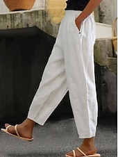 Women's Cotton Linen Pants Baggy Pants Linen Like Solid Color Fashion Ankle-Length Plain Side Pockets Comfort Inelastic Casual Weekend White Regular Fit4