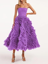cheap Prom Dresses-Beach Wedding A-Line Prom Dresses Floral Dress Wedding Guest Quinceanera Ankle Length Sleeveless Strapless Tulle Backless with Ruched 2025