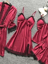 billiga Sovkläder till damer-pyjamasset för kvinnor 4 stycken ren färg enkel avslappnad mjuk hem daglig säng polyester andas v wire långärmad dräkt topp shorts resår midja sommar vår hem outfits