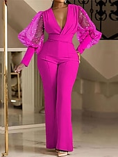billiga festoveraller-Dam Vanligt Jumpsuits Elegant Ensfärgat Långärmad V-hals Hög midja Bröllop Fest Normal Blå Fuchsia Grön Vår
