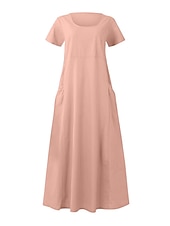 levne Šaty-Dámské Světlá růžová Nebeská modř Khaki Léto Maxi dlouhé šaty Maxi šaty Bavlněné lněné šaty Volnočasové šaty Jednobarevné Denní Volný Tričkový