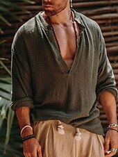 economico Vacanza-Per uomo camicia di lino Stile vichingo Camicia estiva Abbigliamento mare Maglietta informale Liscio Da mare Curise Bianco Verde Manica lunga A V Primavera estate Abbigliamento