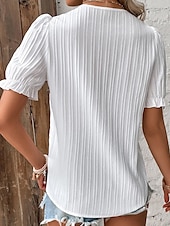 cheap Lace Tops-Women&#039;s White Elegant Lace Tops Eyelet Blouse Dressy Tops Solid Color Plain Regular Tops Short Sleeve Puff Sleeve V Neck  Regular Fit Casual Romantic Petite Tops Summer Holiday Wear White Sky Blue