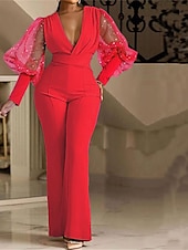 billiga festoveraller-Dam Vanligt Jumpsuits Elegant Ensfärgat Långärmad V-hals Hög midja Bröllop Fest Normal Blå Fuchsia Grön Vår
