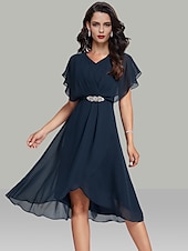 cheap Wedding Guest Dresses-A-Line Wedding Guest Dresses Elegant Dress Semi Formal Tea Length Short Sleeve V Neck Belt / Sash Chiffon with Beading