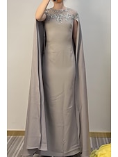 economico GRIGIO-Abito da Sera Sheath Abito Elegante Formale Lungo Maniche Corte Collo Illusion Ospite di Matrimonio Tessuto Elasticizzato con Inserti in Pizzo Applicazioni vestito da fare colpo 2025