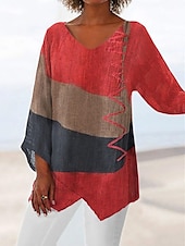 cheap Tunic Tops-Women&#039;s Tunic Shirt Blouse Basic Color Block Print Long Sleeve Long Tops V Neck Casual Red Spring Fall