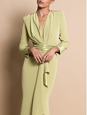 abordables Longueur du plancher-Robe mère de la mariée fourreau pour mariage invité formelle élégante fête encolure en V traîne traînant chiffon extensible manches longues avec drapé fronces taille personnalisée gratuite