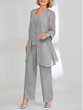 cheap Mom&#039;s Pant Suits-Beach Wedding 3 Piece Mother of the Bride  Wedding Guest Elegant Simple Scoop Neck Ankle Length Chiffon Lace Long Sleeve with Solid Color free custom size