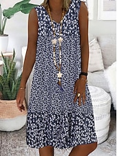 billiga Konst &amp; Design Klänningar-Kvinnors Mini Klänning A-linje Klänning Casual Klänning Petite Klänning Skift Klänning Mode Grundläggande Klassisk Utomhus Semester Fest Regular Fit Blommig Ditsy Blommig Ärmlös V-ringad Blå Brun
