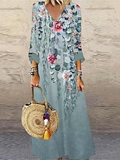 billige Blomstrete kjoler-Dame Maxi Kjole Casual Kjole Blomstrete Trykk V Hals Casual Daglig Ferie 3/4 Lengde Erme Sommer Vår