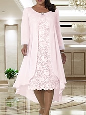 economico Con giacca-Abito da sposa A due pezzi A-Line in spiaggia madre della sposa invitata a un matrimonio elegante taglie forti scollo a gioiello lunghezza tè in chiffon pizzo manica corta giacca abiti con colore