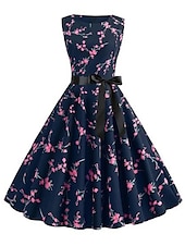 billiga Skriv ut blommiga klänningar-Dam Rynkad Mönster Vintage klänning Midiklänning Polyester Elegant Vintage Blommig Rund halsringning Ärmlös Semester Dagligen Sommar Vår Mörklila Svart