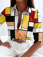 abordables Tops à Rayures et Géométriques pour Femmes-Chemise pour femmes basique color block boutons imprimé manches longues tops réguliers col de chemise décontractée vacances jaune rouge bleu printemps automne