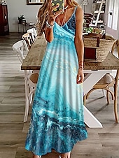 billige Kunst og Design Kjoler-Kvinners Maxi Kjole Fritids Kjole Strandkjole Blomsterkjole Grunnleggende Klassisk Fritid Ferie Daglig Regular Fit Print Marmor Ermeløs V Utringning Khaki Lys Blå Sommer Vår