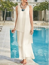 economico Lunghezza del pavimento-Matrimonio in Spiaggia Abito Madre della Sposa Linea A Ospite di Matrimonio Elegante Semplice Collo a V Lunghezza Caviglia Chiffon Senza Maniche con Strati Colore Solido 2025 misura personalizzata