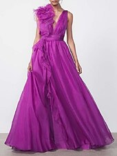 preiswerte lila-Strandhochzeit A-Linie Weihnachtskleid Abendkleid Promi-Stil Kleid Rot Grün Kleid Formeller Hochzeitsgast bodenlang ärmellos V-Ausschnitt Chiffon mit Schlitz reine Farbe Kleid Maskerade Kleid 2025