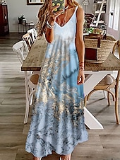 billige Kunst og Design Kjoler-Kvinners Maxi Kjole Fritids Kjole Strandkjole Blomsterkjole Grunnleggende Klassisk Fritid Ferie Daglig Regular Fit Print Marmor Ermeløs V Utringning Khaki Lys Blå Sommer Vår