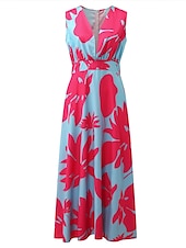 abordables Robes de vacances-robe décontractée pour femme robe balançoire robe florale robe longue robe maxi vert bleu rose sans manches imprimé fleuri printemps été profond v chaud quotidien 2023 s m l xl xxl